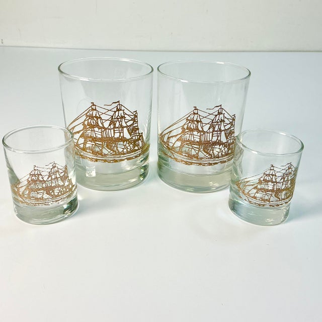Nautical 1960s Mid-Century Nautical Coastal Libbey Tall Mast Lowball Whiskey & Shot Glasses - Set of 9. For Sale - Image 3 of 8