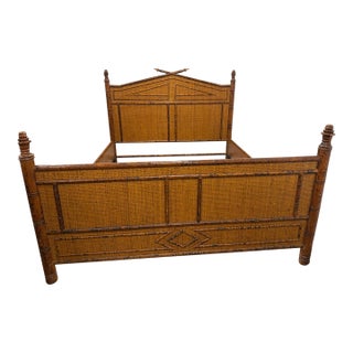 Vintage British Colonial Style Faux Tortoise Bamboo & Woven Rattan Queen Bed For Sale