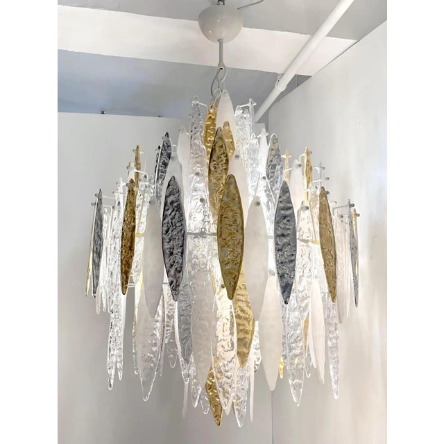 Modern Italian Silver Gold Frosted White Crystal Murano Glass Icicle Chandelier For Sale - Image 11 of 12