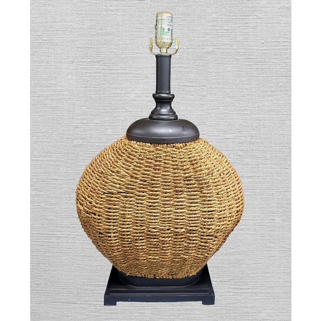 1990s Vintage Round Jute Coastal Regency Brown Wood Base Table Lamps- A Pair For Sale - Image 5 of 5