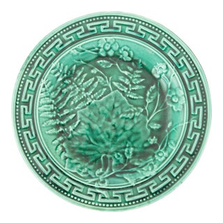 19th Century French Green Majolica Fern & Leaves Greek Key Plate For Sale