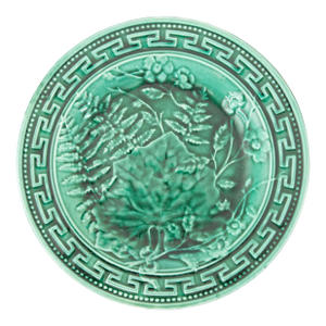 19th Century French Green Majolica Fern & Leaves Greek Key Plate