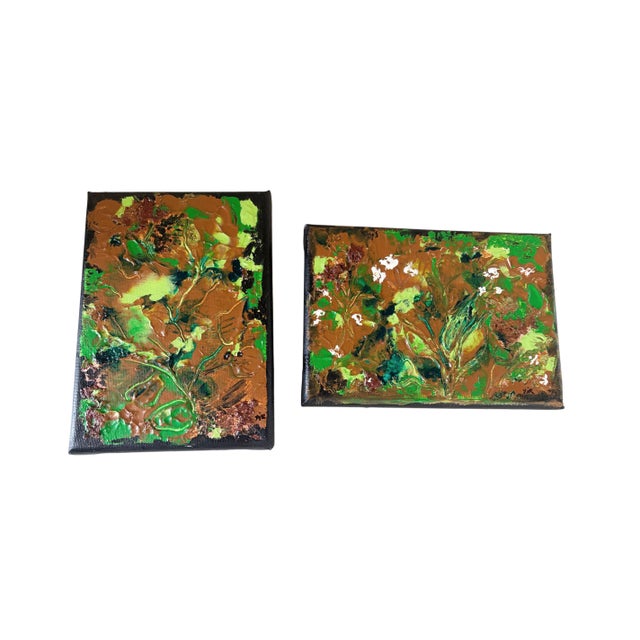A charming pair of acrylic paintings on canvas, each measuring 7" by 5". Titled "Le Printemps" (Spring), these intimate...