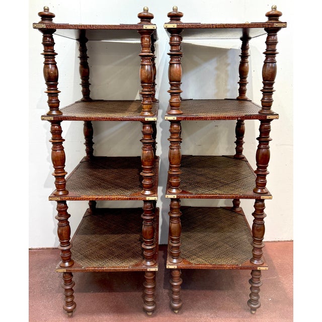 Metal Pair of Four-Tier Anglo-Indian Leather, Brass & Rattan Étagères/ Shelves For Sale - Image 7 of 12