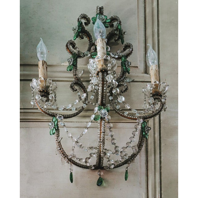 Italian Crystal Beaded Wall Fixtures or Sconces with Green Flowers, Set of 2 For Sale - Image 4 of 5