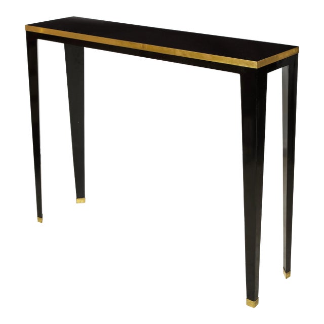 Bespoke Ebonized Brass-Banded Consoles on Tapered Legs For Sale