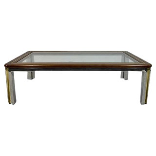 Italian Wood, Brass, and Chrome Coffee Table, 1970s For Sale