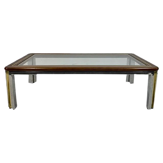Italian Wood, Brass, and Chrome Coffee Table, 1970s For Sale