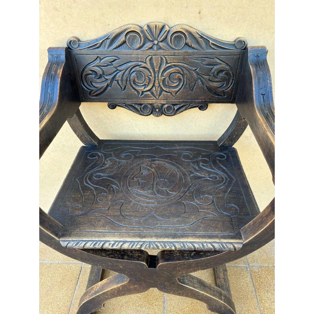 Wood Spanish Renaissance Revival Carved Savonarola Chairs, 1920, Set of 2 For Sale - Image 7 of 11