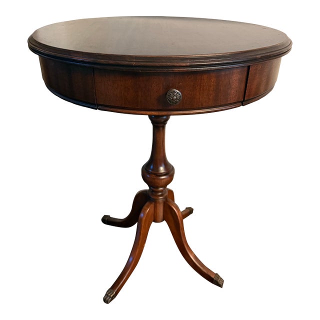 Vintage Regency Style Mahogany Pedestal Drum Side Table With Brass Claw Feet For Sale
