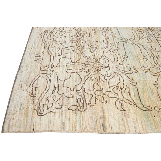 Modern Oushak Handmade Tribal Beige Wool Rug For Sale - Image 4 of 9