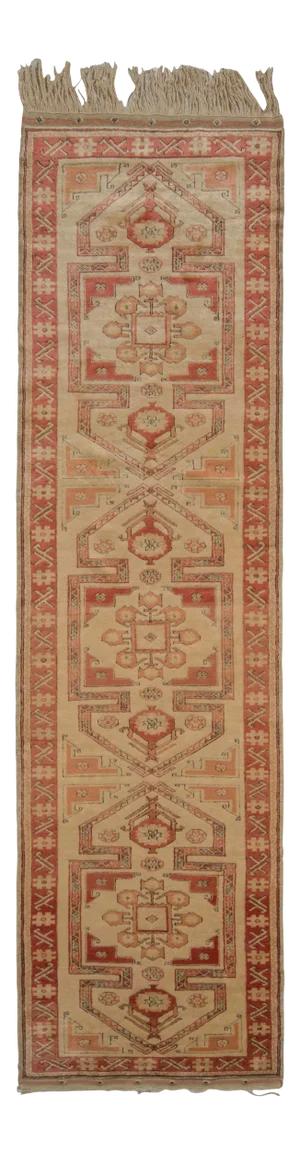Vintage Kazak Geometric Beige Brown and Orange Wool Runner