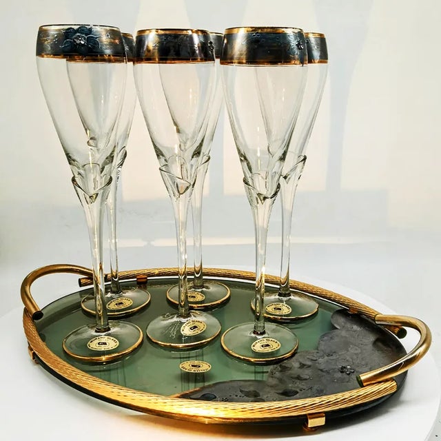 Glasses and Tray in Murano Glass with Hand-Decorated 24 Karat Gold Finishes from GN Murano, 1970s, Set of 7 For Sale - Image 11 of 11