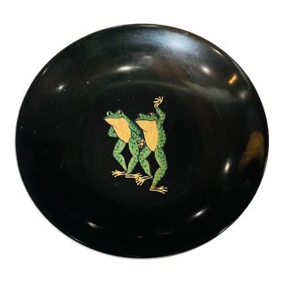 Couroc Dancing Frogs Round Bowl Dish 8 Inch Wood Inlay Vintage MCM For Sale