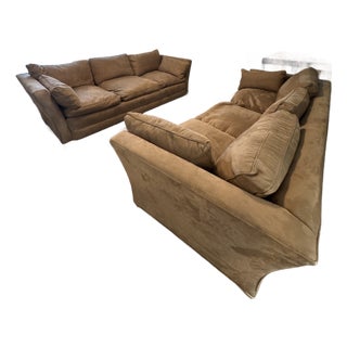 94" Custom Camel Microfiber Down-Filled Cloud Sofas in the Style of Milo Baughman - Pair For Sale