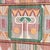 A striking vintage fiber art wall hanging featuring bold geometric motifs in a soft, earthy palette of sage green, dusty...