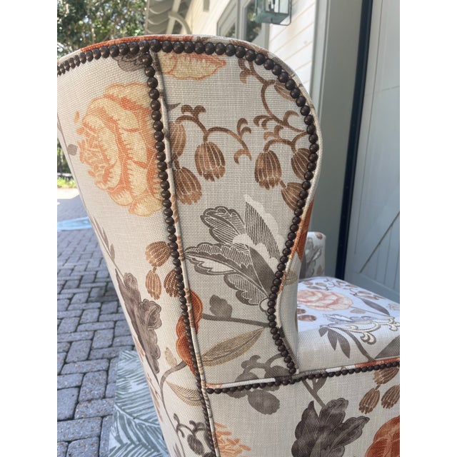 2010s Hickory Chair Floral Coral Taupe Wingback Accent Chair For Sale - Image 5 of 7
