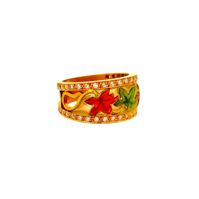 Early 21st Century Masriera Diamond 18k Yellow Gold Enamel Leaves Motif Ring, Size 7.25 For Sale - Image 5 of 7