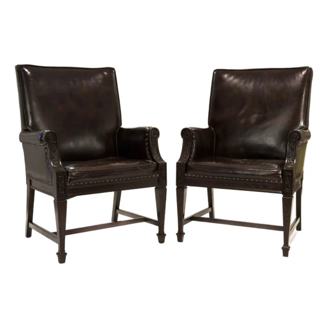 Pair, Hand-Carved Romweber Leather Chairs Made in the Usa For Sale