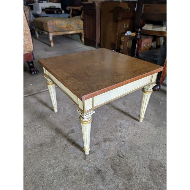 Textile Vintage Louis XVI Style Burl Wood Top Side Table With Gilt Accents For Sale - Image 7 of 8