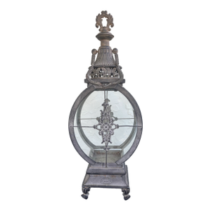 1990s Zaer LTD Vintage Usa Cast Metal Candle Lantern With Glass Panels and Ornate Finial