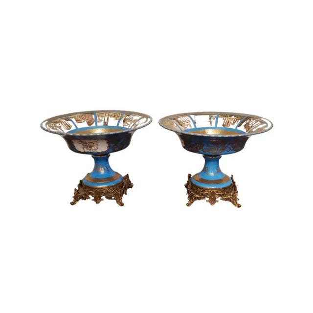 Pair of Sevres Patinated Metal Mounted Blue Celeste Roman Compotes, 1870s For Sale - Image 13 of 13