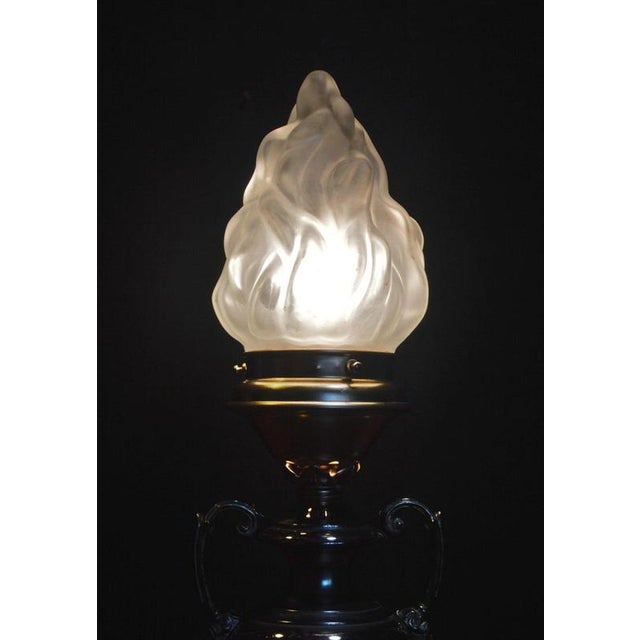 Art Deco Mid-Century Brass Table Lamp with Opaline Flame Shade, 1940s For Sale - Image 12 of 18