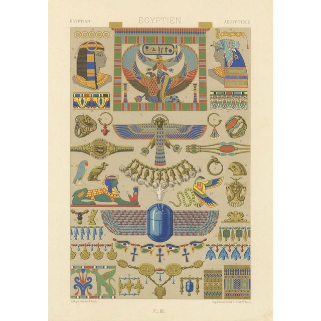 Blue After Racinet, Ancient Egyptian Ornament with Symbols & Jewelry, 1869, Lithograph For Sale - Image 8 of 10