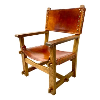 Vintage French Brutalist Castle Armchair in Oak and Cognac Leather, 1920s For Sale