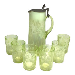 Early 20th Century Rare Northwood Opalescent Daffodil Uranium Glass Pitcher & Six Glasses Water Lemonade Set For Sale