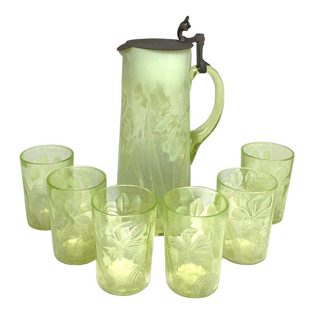 Early 20th Century Rare Northwood Opalescent Daffodil Uranium Glass Pitcher & Six Glasses Water Lemonade Set For Sale
