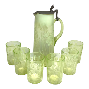 Early 20th Century Rare Northwood Opalescent Daffodil Uranium Glass Pitcher & Six Glasses Water Lemonade Set