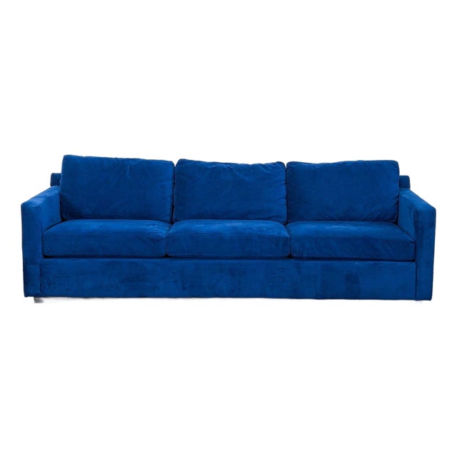 Crate & Barrel 3-Seat Blue Velvet Sofa For Sale
