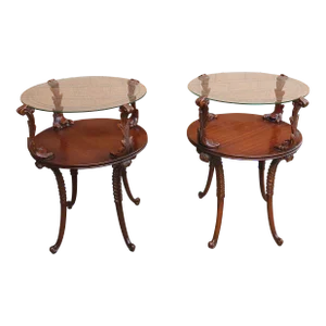 Pair of Victorian Style Two Tier Carved Acanthus Mahogany and Glass Top Side Tables