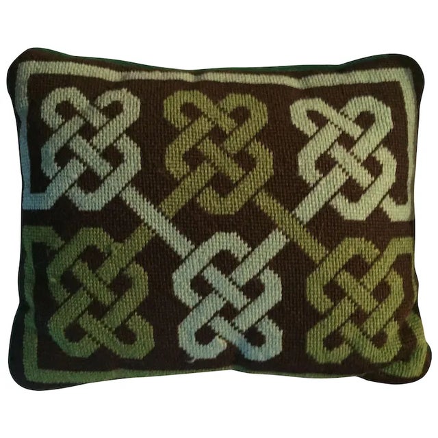 Vintage needlework wool pillow with geometric knot design in shades of green and brown. Rich brown mohair back and...