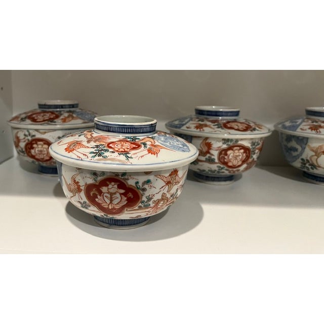 Antique Colored-Imari Rice/Soup Bowls With Lids - Rare Collection of Set of 12 For Sale - Image 10 of 18