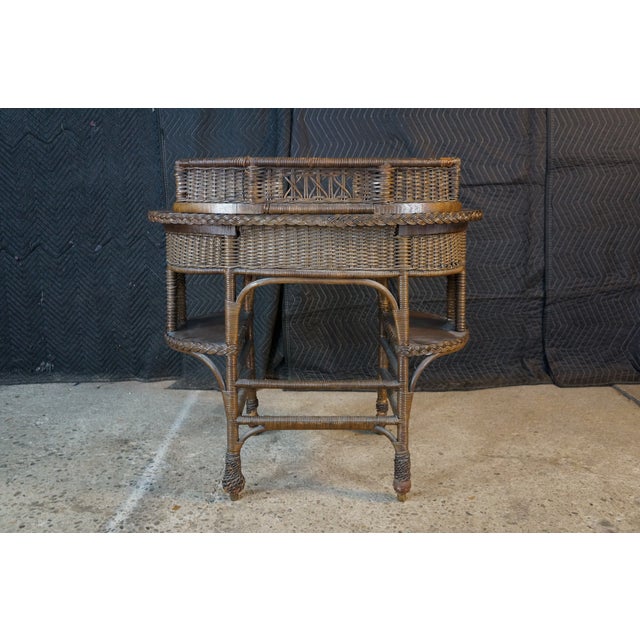 Antique American Quartersawn Oak & Wicker Kidney Writing Desk Dressing Table For Sale - Image 15 of 16
