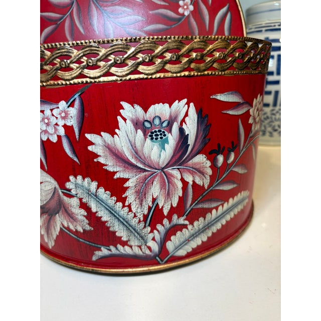 Metal Vintage Hand Painted Red Tole Floral Wall Pocket Planter Mailbox For Sale - Image 7 of 11
