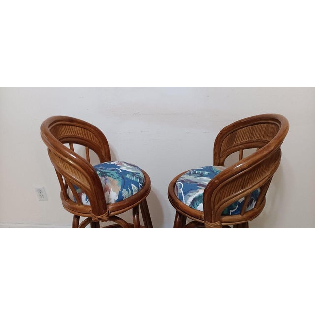 1990s Wicker Bamboo Counter Stool Swivel Set of 2 For Sale - Image 4 of 6