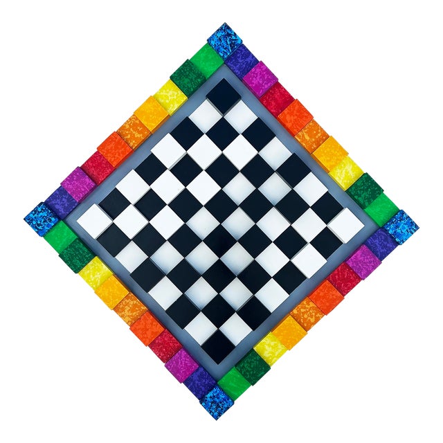 Vintage Bright Colorful Optical Art "Chessboard" Wall Sculpture in Wood Painted For Sale