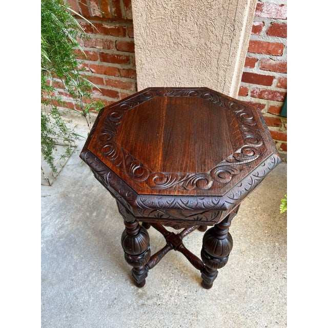 Petite Antique French Octagon Center Side Table Renaissance Carved Oak C1890 For Sale - Image 9 of 12
