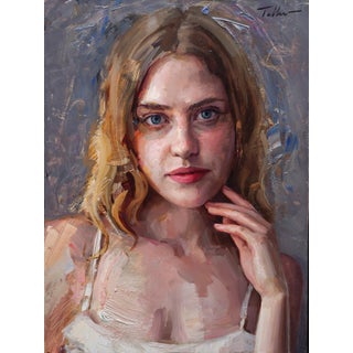 Waiting Patiently by Matt Talbert | Oil on Panel Portrait of a young woman with long hair. For Sale
