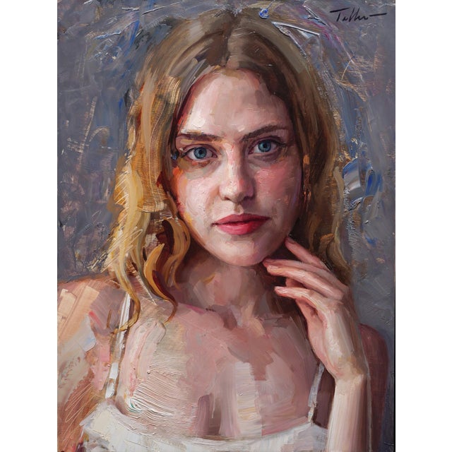 Waiting Patiently by Matt Talbert | Oil on Panel Portrait of a young woman with long hair. For Sale