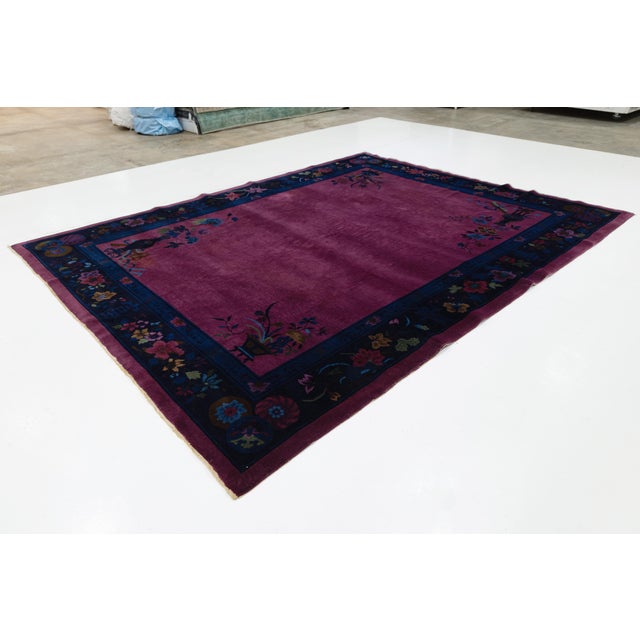 Antique Chinese Art Deco Rug Vibrant Plum & Navy Wool 9x12 For Sale - Image 11 of 11