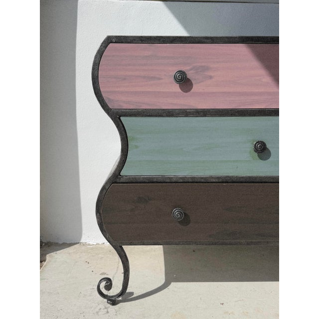 Shabby Chic Whimsical Wavy Metal Dresser With Colorful Laminate For Sale - Image 3 of 8