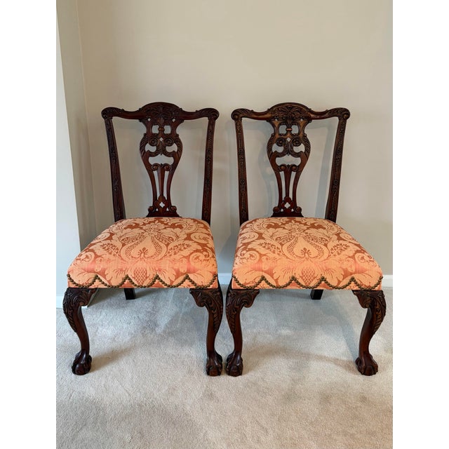 English Vintage Chippendale Carved Mahogany and Damask Dining Chairs - Set of 4 For Sale - Image 3 of 18