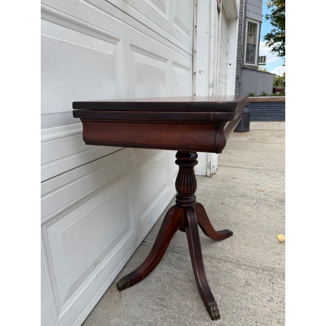 Vintage Duncan Phyfe Style Mahogany Pedestal Game Table With Brass Paw Feet For Sale In New York - Image 6 of 12