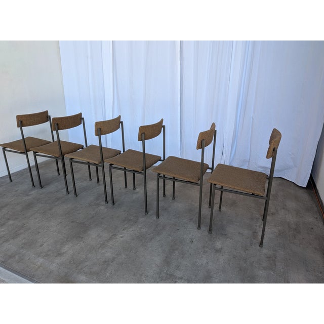 Industrial Vintage Industrial School Chairs in Brown Fabric with Black Metal Bases, 1970s, Set of 6 For Sale - Image 3 of 18