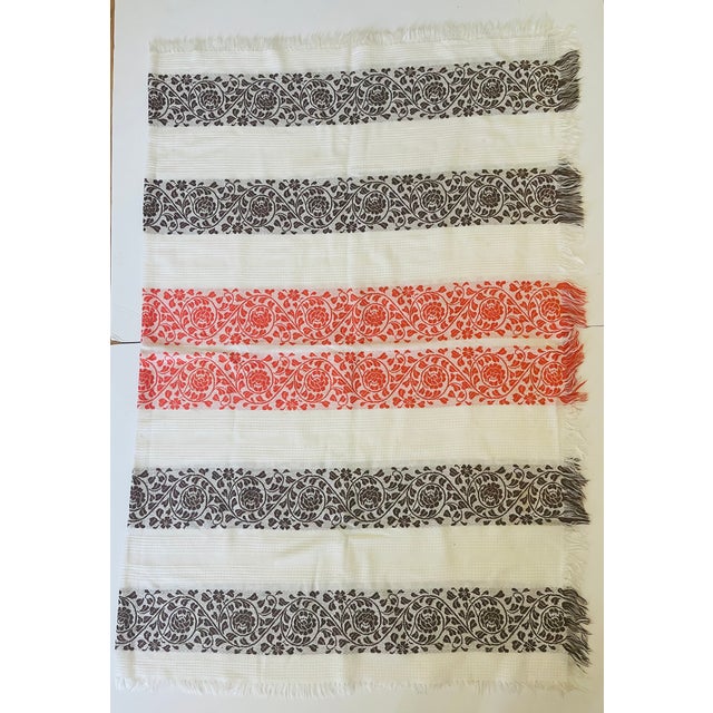 Beautiful antique Jaccard woven tablecloth with fringes.