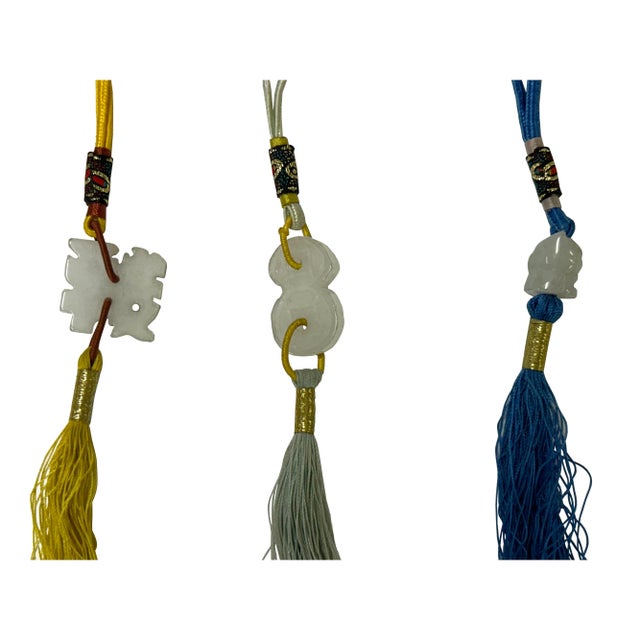 Enhance your decor with the Chinese Jade Stone Carved Accent Charm Tassel Display Art, a sophisticated piece that...